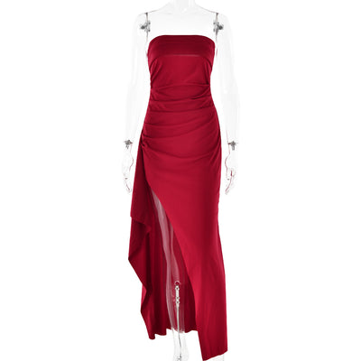 Elegante Strapless Split Lange Jurk met Plissé voor Vrouwen op Bruiloften en Feesten