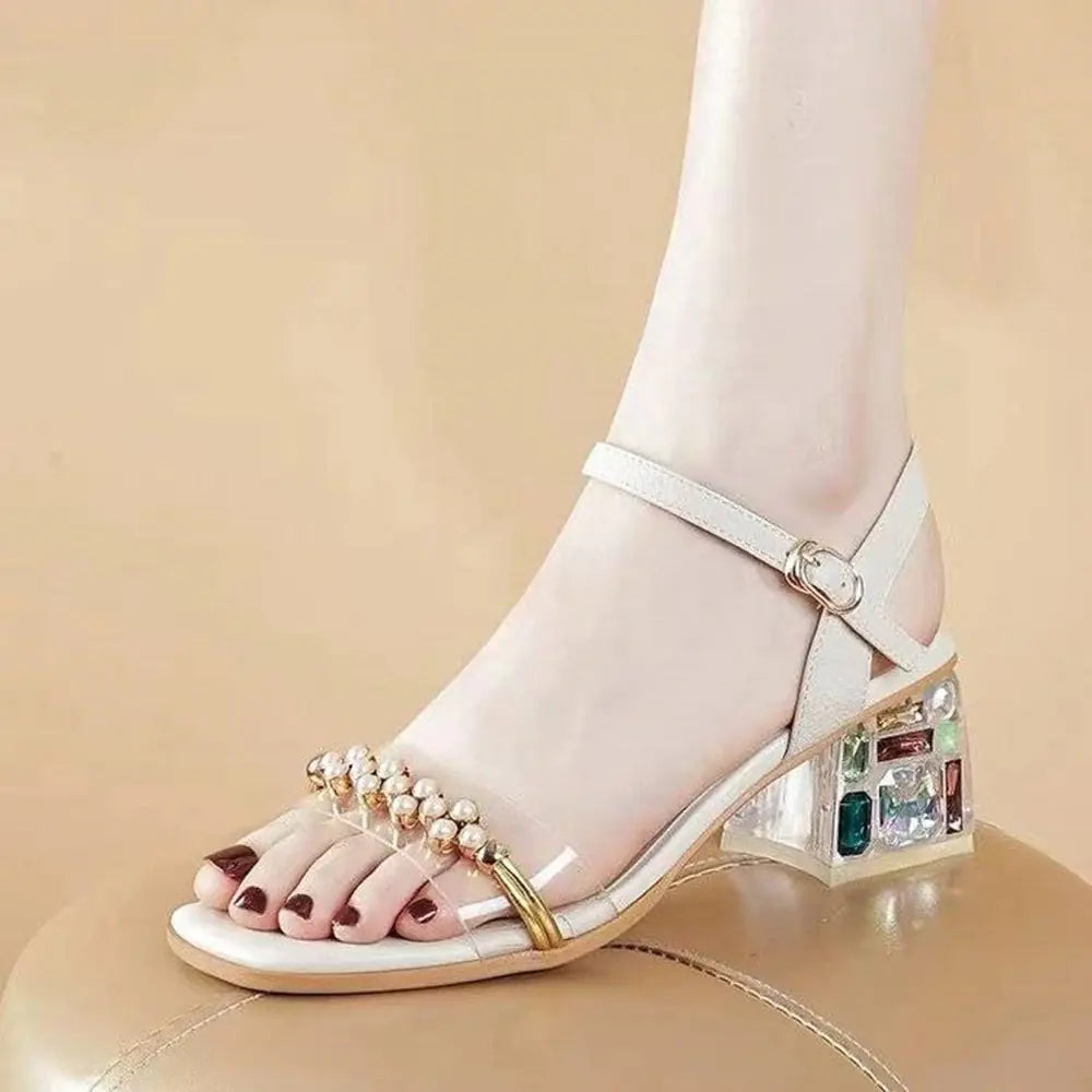 Women's Mid Heel Leather Sandals with Thick Square Toe