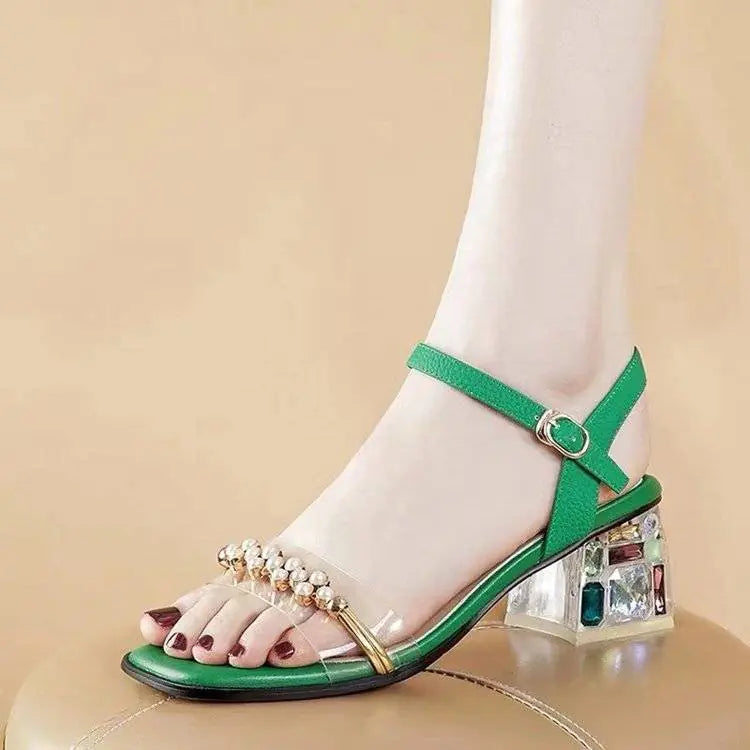 Women's Mid Heel Leather Sandals with Thick Square Toe