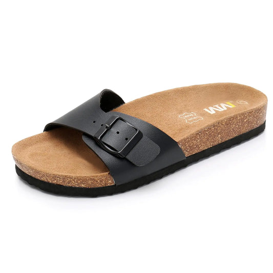 Womens Cork Footbed Sandals - Cow Suede Slide Sandals for Women with Adjustable Strap Buckle Open Toe Beach Sandals