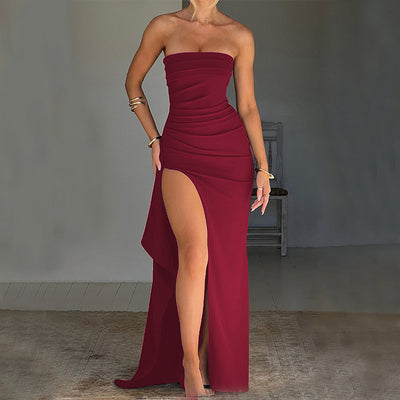 Elegante Strapless Split Lange Jurk met Plissé voor Vrouwen op Bruiloften en Feesten