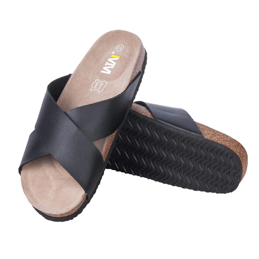 Womens Cork Footbed Sandals - Cow Suede Insole X-Band Slide Sandals for Women Open Toe Beach Sandals