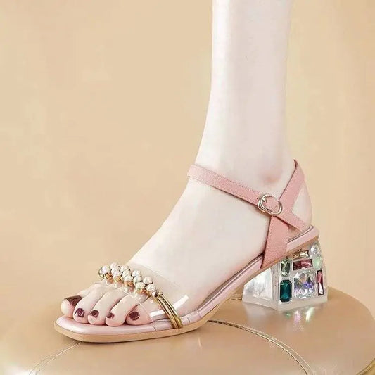 Women's Mid Heel Leather Sandals with Thick Square Toe