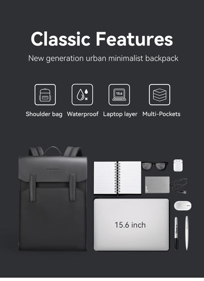 Mark Ryden Classic Business Work Black Leather Backpack 15.6 Inch Laptop Waterproof Bag School Bags Business bacbackpack for men