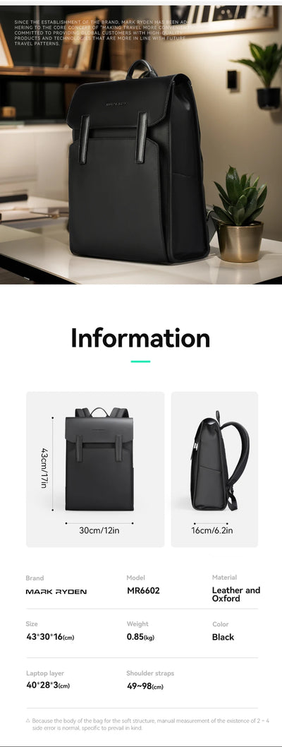 Mark Ryden Classic Business Work Black Leather Backpack 15.6 Inch Laptop Waterproof Bag School Bags Business bacbackpack for men