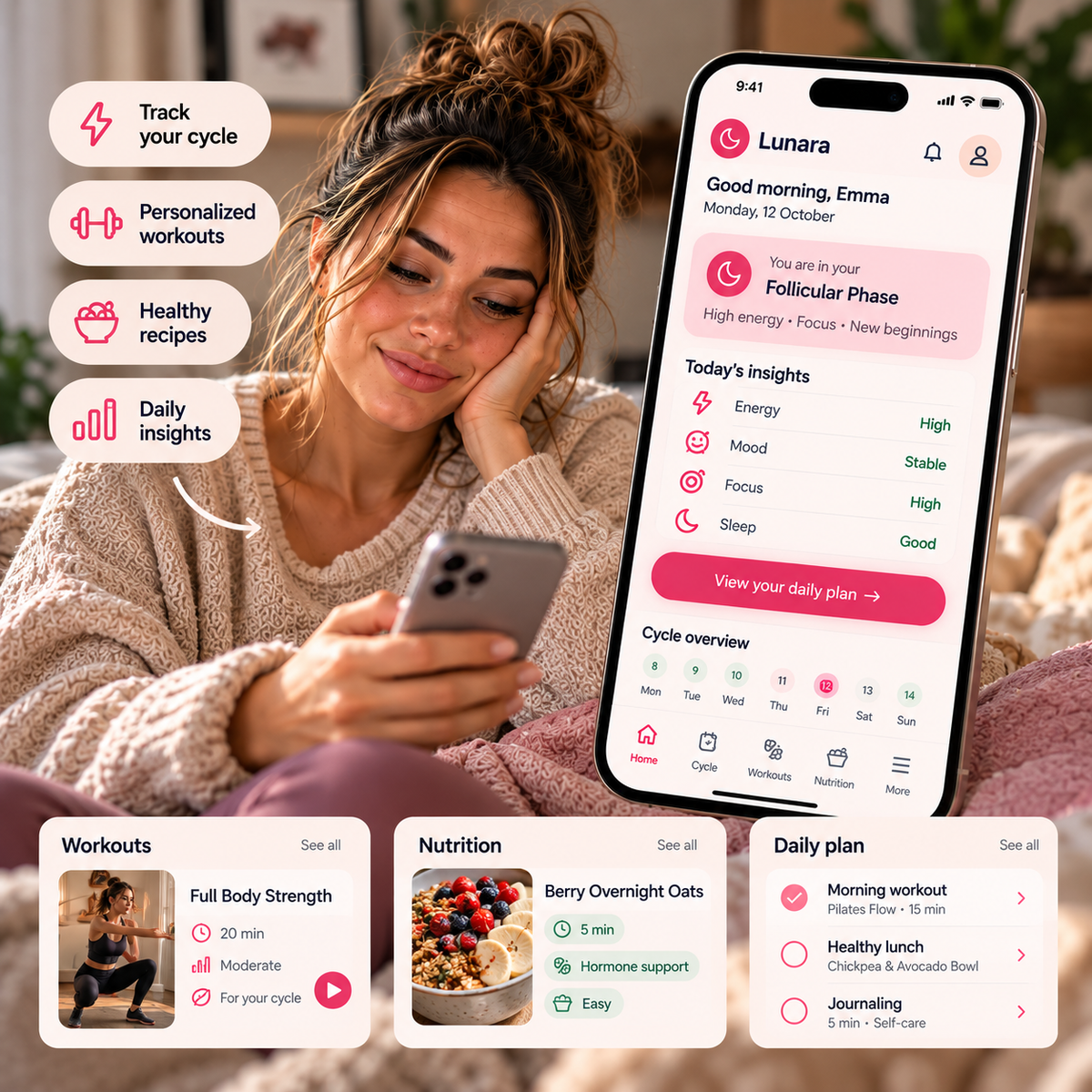 Lunara app met cyclusfase, inzichten van vandaag, workouts en recepten