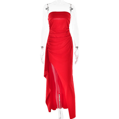 Elegante Strapless Split Lange Jurk met Plissé voor Vrouwen op Bruiloften en Feesten
